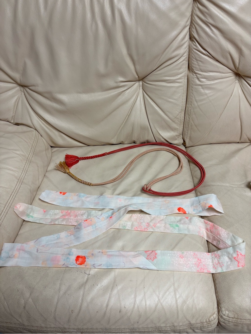 Set of 2 Obijime for Obi Belt Rope Cream Fabric Tie Pink Blue Floral